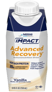 Carton of Nestlé Impact Advanced Recovery vanilla immunonutrition drink with high protein label.