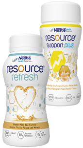 Nestlé Resource Refresh and Resource Support Plus drink bottles side by side.