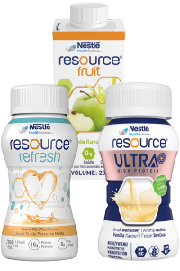 Nestlé Resource Refresh, Resource Ultra and Apple Fruit drink bottles side by side.