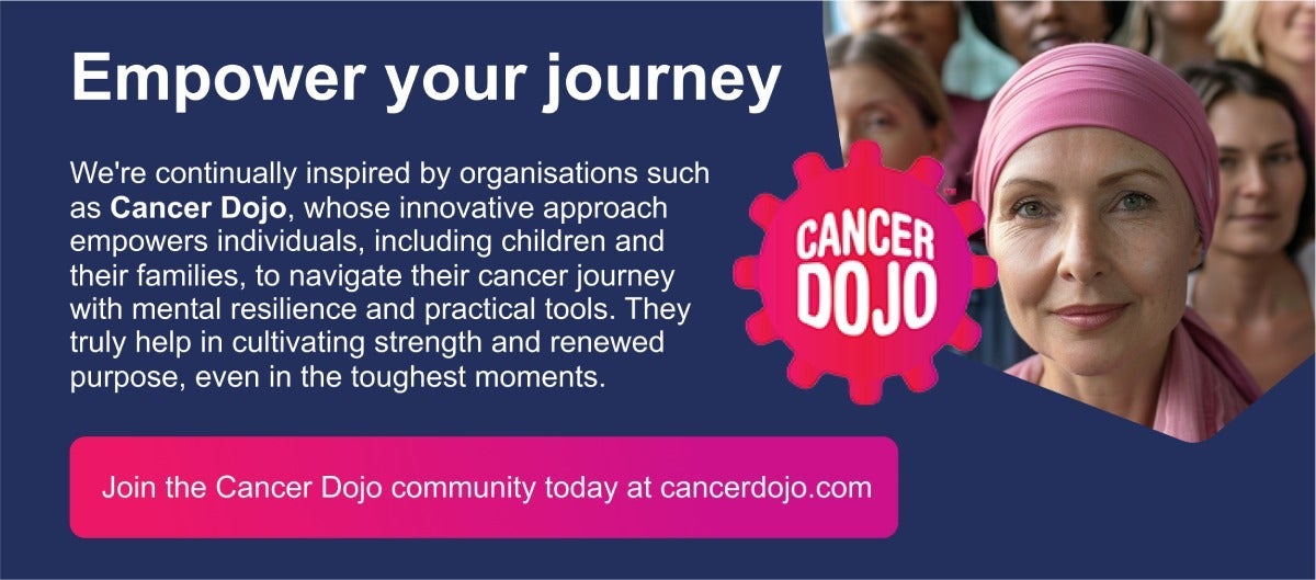 Promotional banner with “Empower your journey” text, Cancer Dojo logo, and person wearing a pink headscarf.