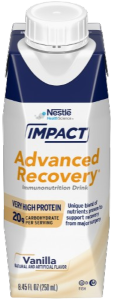 Carton of Nestlé Impact Advanced Recovery vanilla immunonutrition drink with high protein label.