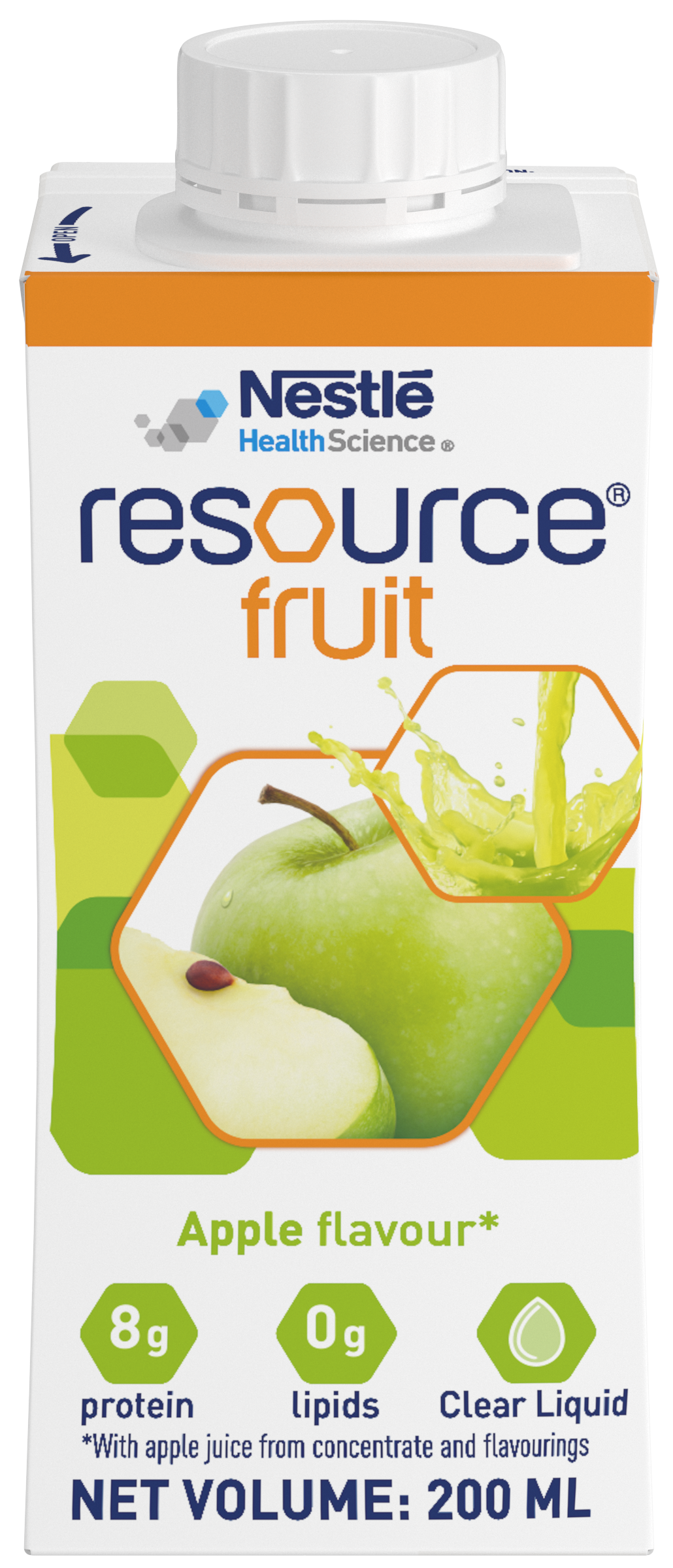 Carton of Nestlé Resource Fruit apple-flavour clear liquid drink.