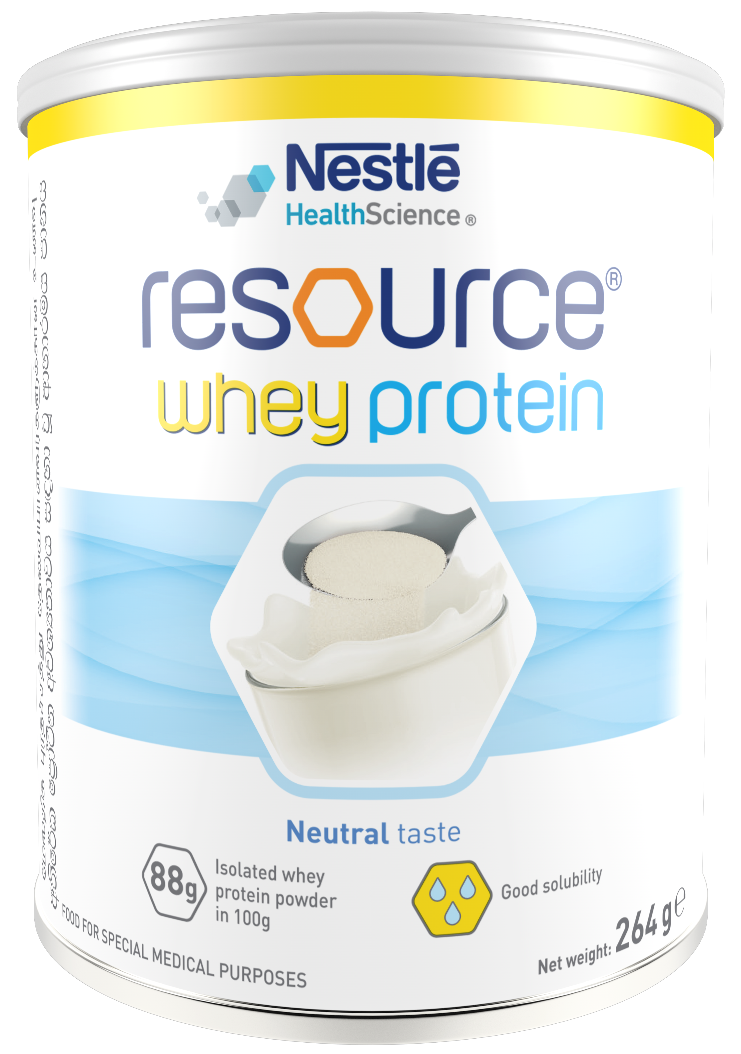 Container of Resource Whey Protein powder.